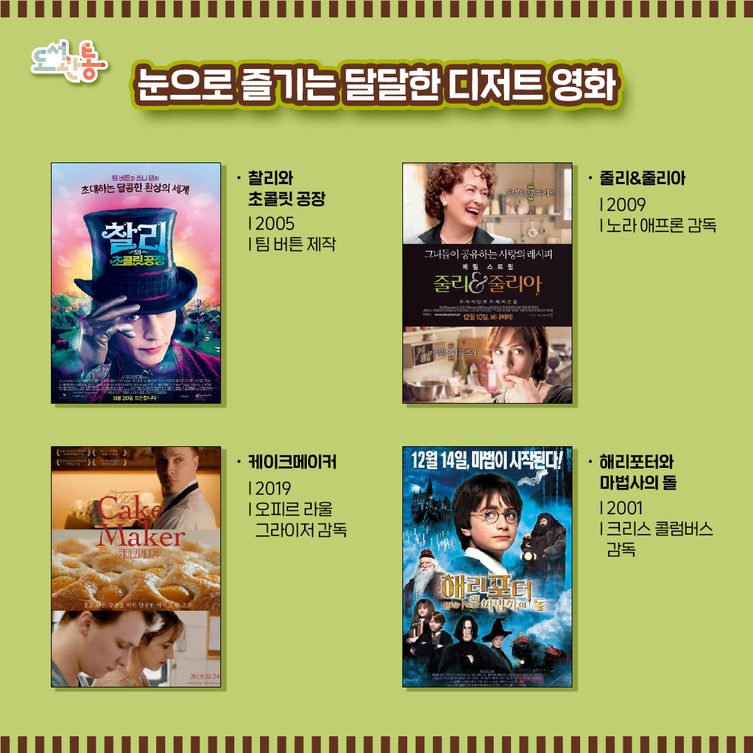 다양한 디저트와 관련한 영화 추천

▶찰리와 초콜릿 공장 / 2005 / 팀 버튼 제작
전 세계 1천 3백만 부 이상의 판매고를 올린 세계적인 베스트 셀러 원작
환상의 콤비 팀 버튼과 조니 뎁이 창조한 환상의 세계
[출처: 알라딘_DVD소개, 네이버 무비 포스터]


▶줄리&줄리아 / 2009 / 노라 애프론 감독
초콜릿 크림 파이로 따뜻한 위로를 건네는 사랑스러운 영화
실화 속 실존 인물을 바탕, 가정주부 줄리아 차일드의 좌충우돌 요리 연구 이야기
[출처: 알라딘_DVD소개, 네이버 무비 포스터]


▶케이크메이커/ 2019 / 오피르 라울 그라이저 감독
관객들의 오감을 자극하는 눈으로 즐기는 푸드테라피 무비!
사랑의 흔적을 찾아 이국으로 온 파티쉐 '토마스'와 사랑을 잃은 여인 '아나트'가 서로의 아픔을 섬세하게 보듬어가는 과정을 그린 베이킹 무드 드라마!
[출처: 알라딘_DVD소개, 네이버 무비 포스터]


▶해리포터와 마법사의 돌 / 2001 / 크리스 콜럼버스 감독
현존하지않지만 내 마음 속 먹어보고 싶은 디저트 1위…!
신기한 가상의 디저트가 가득
[출처: 네이버 무비 포스터]