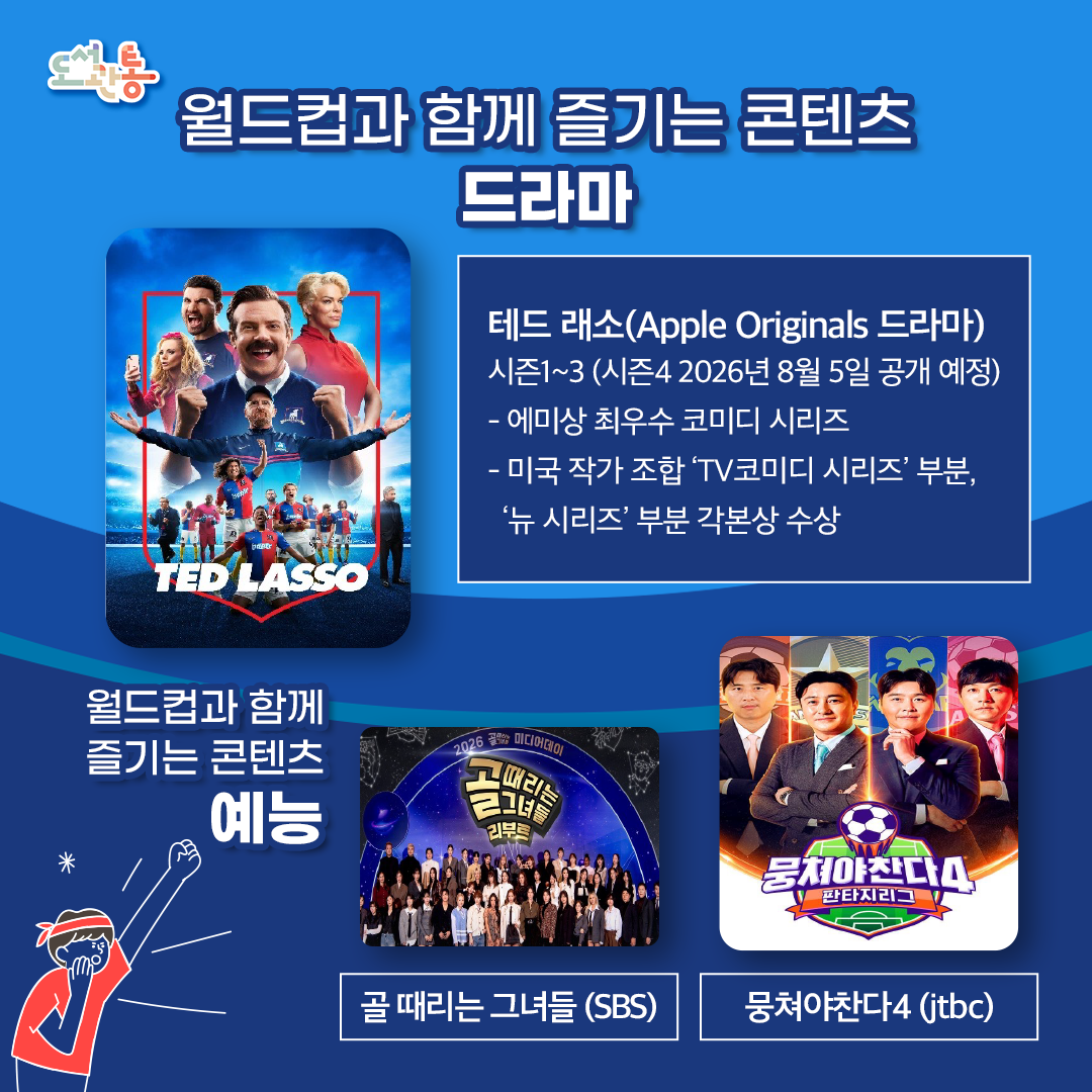 드라마
「테드 래소」
미국 미식축구 코치 테드 래소. 축구에 대해 아무것도 모르는 그는 영국 축구팀 코치로 발탁되며 런던으로 떠난다. 하지만 모든 것이 낯설기만 한데… 그는 긍정적인 에너지와 투지, 그리고 비스킷으로 자신을 부족함을 채워보려 한다.골든 글로브® 수상에 빛나는 제이슨 수데이키스 주연의 코미디 시리즈.

예능
「뭉쳐야찬다4」
대한민국 축구 레전드 4인과 축구 능력자들이 ‘단 하나의 우승컵’을 향한 대장정에 나선다! 치열한 축구 지략 전쟁이 펼쳐지는 초대형 스케일의 리그전 ＜판타지리그>

「골 때리는 그녀들」
“축구! 우리도 할 수 있어!” 진정성 200%! 축구에 진심인 그녀들과 대한민국 레전드 태극전사들이 함께 만들어가는 건강한 소모임 탄생! Goal 때리게 재밌고! Goal 때리게 쫄깃한! 여자 축구의 르네상스가 펼쳐진다.

출처: 네이버

